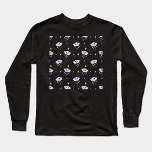 Kawaii Cute Raining Rainbow Clouds Pattern in Black Long Sleeve T-Shirt